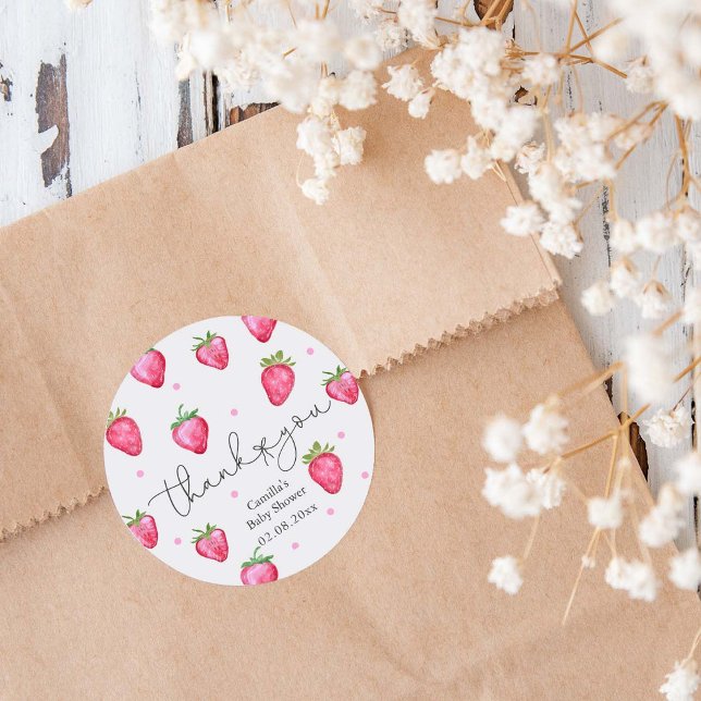 Berry Sweet Baby Shower Strawberry Thank You  Classic Round Sticker (Creator Uploaded)