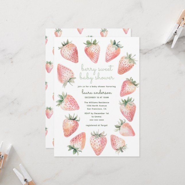Berry Sweet Baby Shower Watercolor Strawberries In Invitation (Front/Back In Situ)
