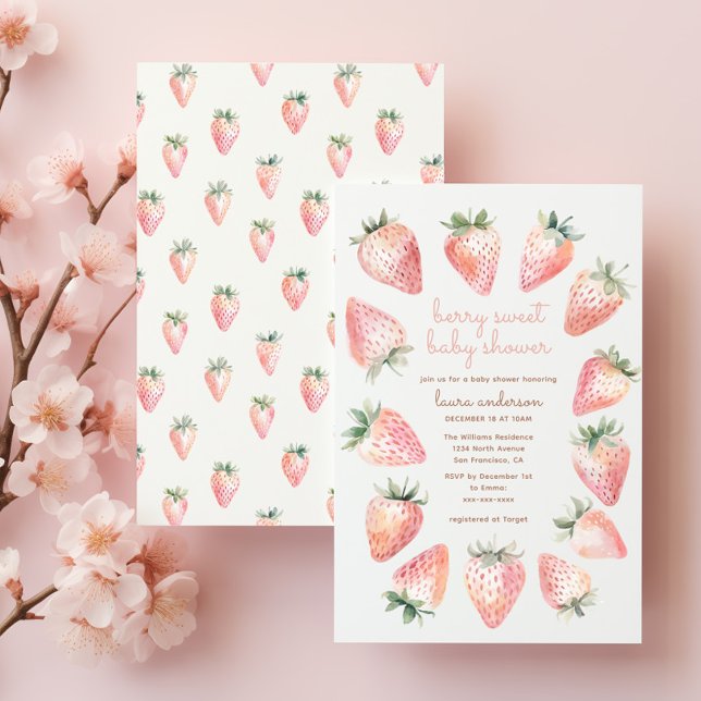 Berry Sweet Baby Shower - Watercolor Strawberries Invitation (Berry sweet baby shower invitation front & back. Pink coquette watercolor strawberries, script font)