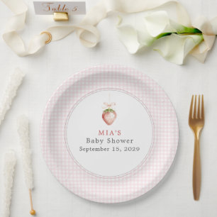 Berry Sweet Baby Strawberry Coquette Gingham Paper Plate