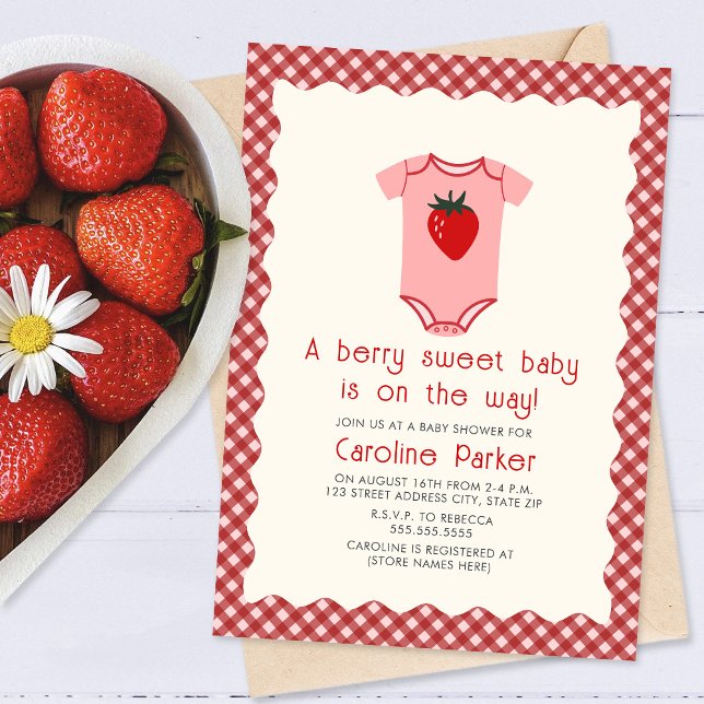 Berry Sweet Baby Strawberry Gingham Bodysuit  Invitation (Creator Uploaded)
