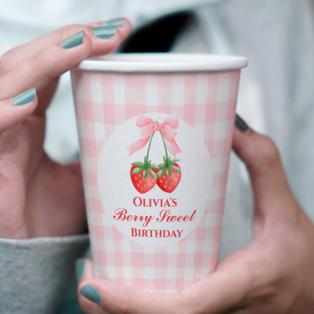 Berry Sweet birthday Pink Bow Gingham Paper Cups (Creator Uploaded)