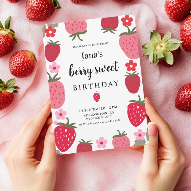 Berry Sweet Birthday with Strawberries Invitation (Creator Uploaded)