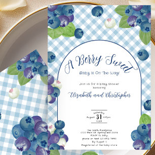Berry Sweet Blue Gingham Baby Shower Invitation
