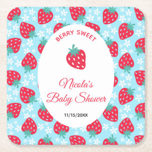 Berry Sweet Blue Strawberry Baby Shower Square Paper Coaster