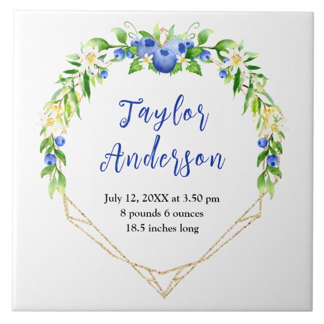 Berry Sweet Blueberry Baby Birth Stats Ceramic Tile (Front)