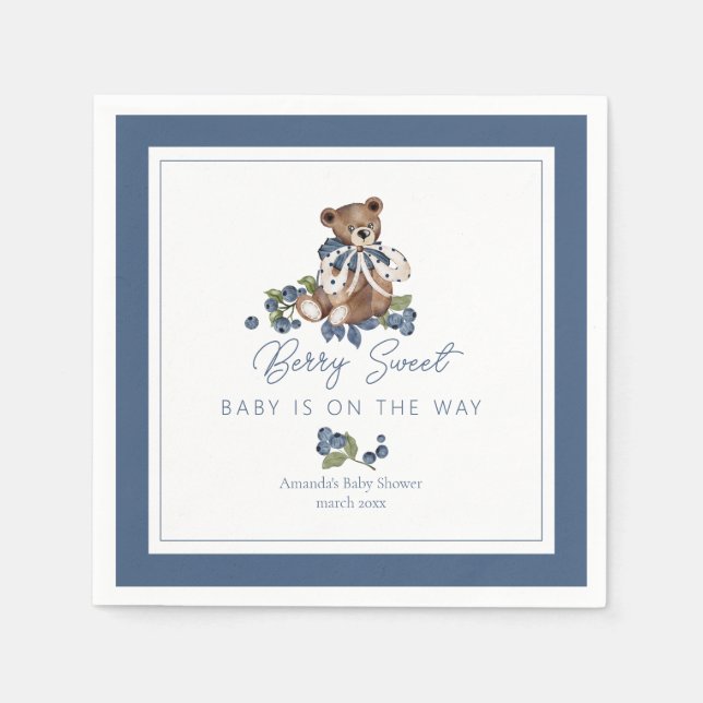 Berry Sweet Blueberry Bear Baby Boy Shower Napkin (Front)