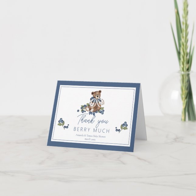 Berry Sweet Blueberry Bear Baby Boy Shower Thank You Card (Front)