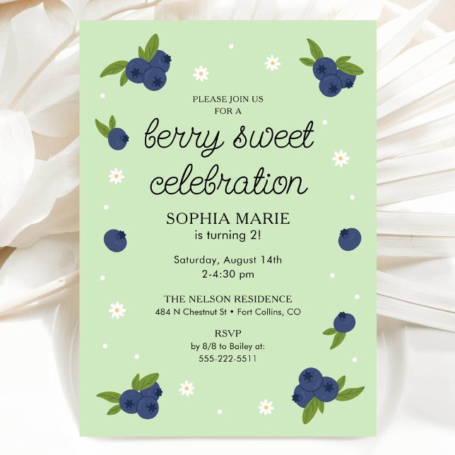 Berry Sweet Blueberry Birthday Light Green Invitation (Creator Uploaded)