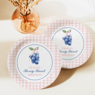 Berry Sweet blueberry birthday Pink Bow Gingham Paper Plate