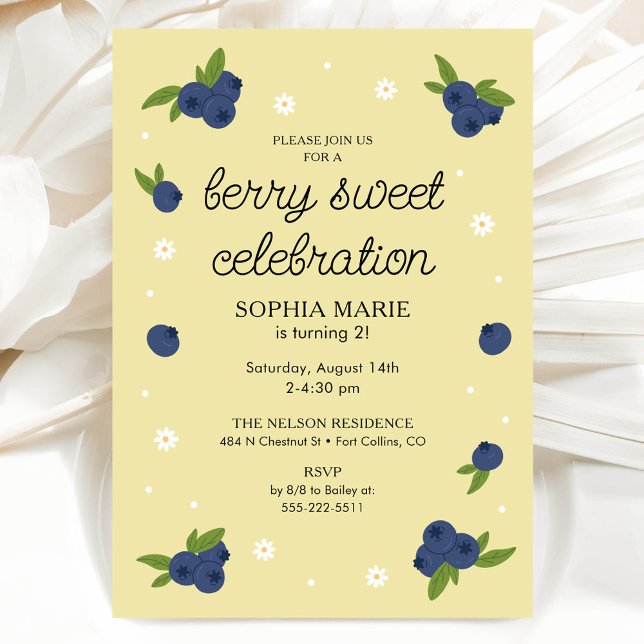 Berry Sweet Blueberry Birthday Yellow Invitation (Creator Uploaded)