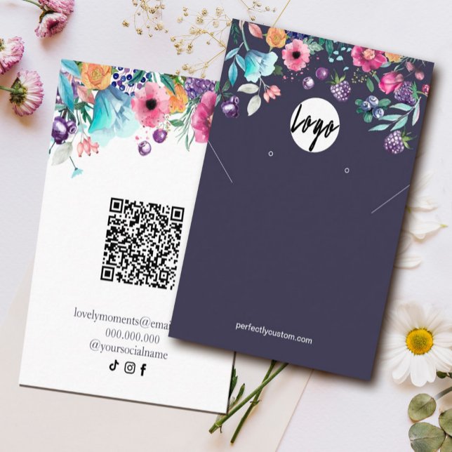 Berry Sweet Blueberry & Flowers Earing Display Business Card (Blueberry & Flowers Earring Display
#blueberry#springbloomflower#wildflowers #qrcode#navy #favorgift)