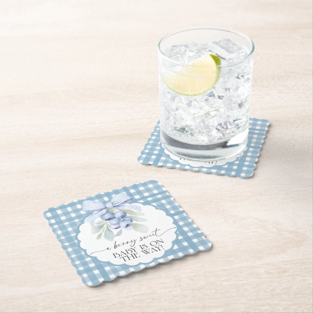 Berry Sweet Blueberry Gingham Baby Shower Paper Coaster (Insitu)