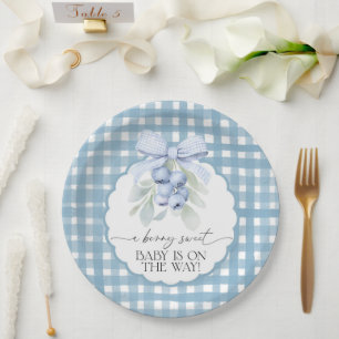 Berry Sweet Blueberry Gingham Baby Shower Paper Plate
