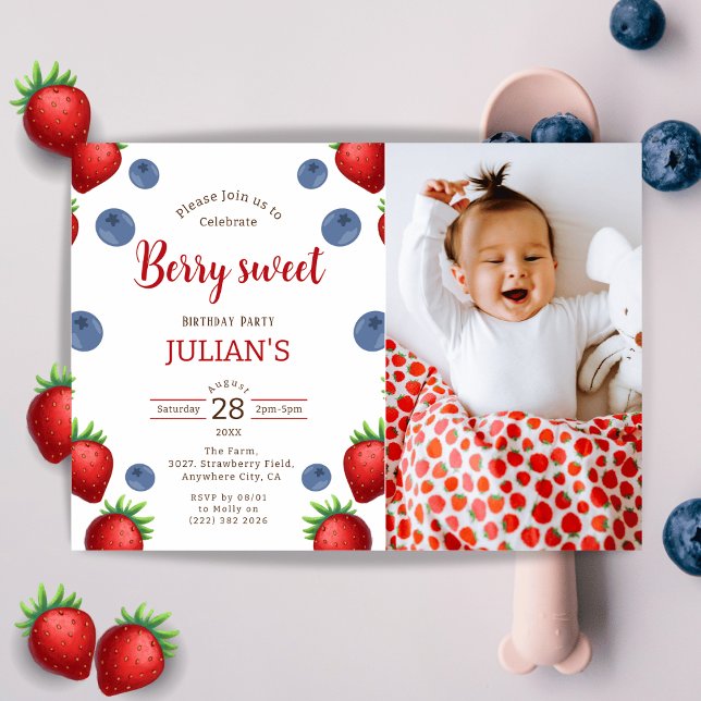 Berry Sweet & Blueberry Girl Birthday Party Photo  Invitation (Creator Uploaded)