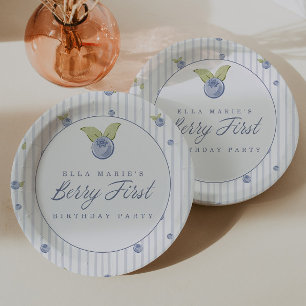 Berry Sweet Blueberry Stripe 1st Birthday Paper Plate