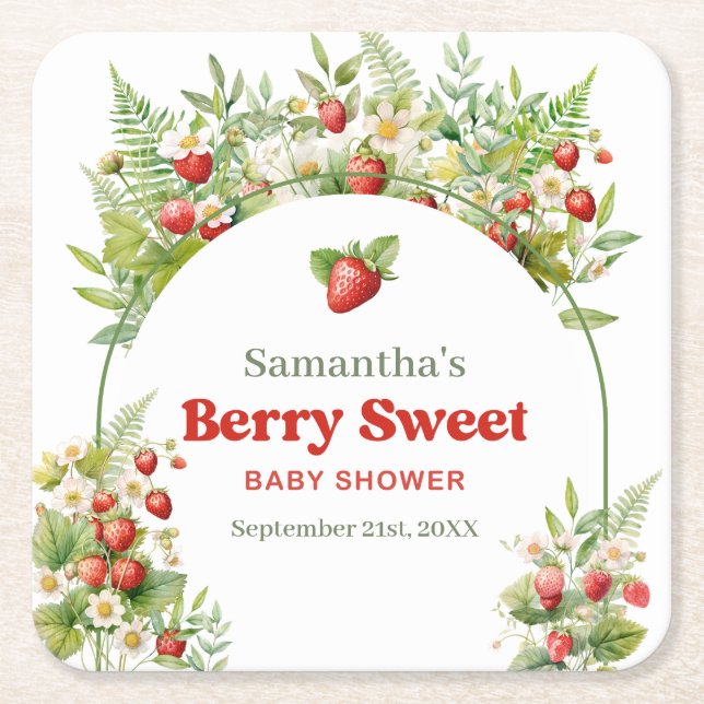 Berry Sweet Boho arch Pink Wild Strawberry  Square Paper Coaster (Front)