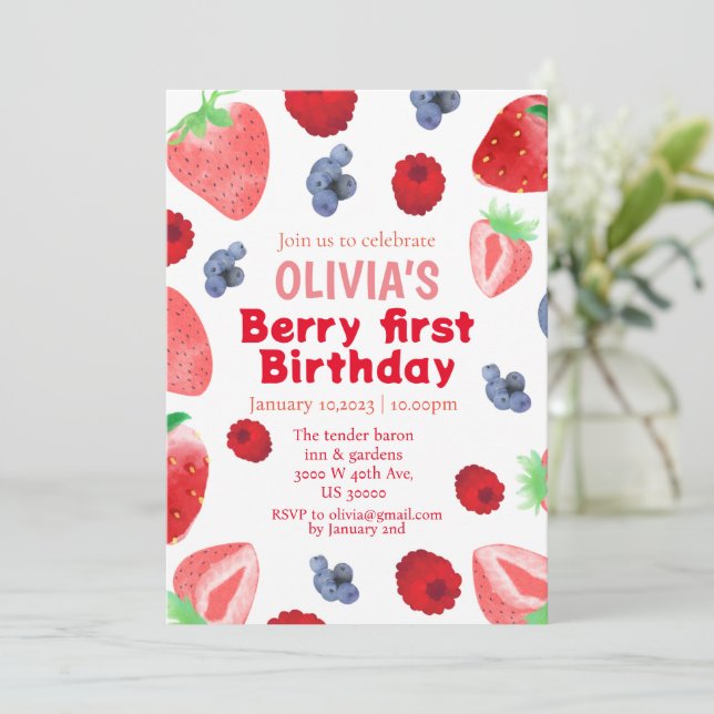 Berry sweet boho strawberry 1st birthday  invitation (Standing Front)