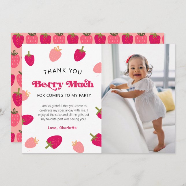 Berry Sweet Boho Strawberry Photo Thank You Card (Front/Back)