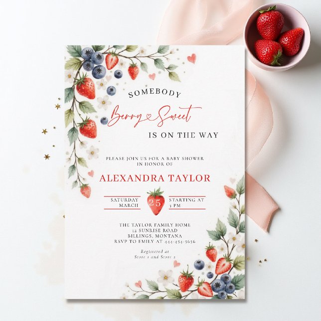Berry Sweet Botanical Berries Vines Baby Shower Invitation (berry sweet baby shower invitation fruit theme strawberry berries watercolor spring summer)