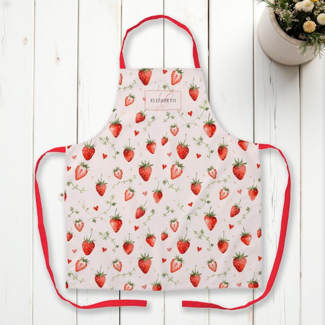 Berry Sweet Botanical Pink Hearts Monogram Apron (strawberry apron monogram personalized name birthday baby shower christmas mother gift)