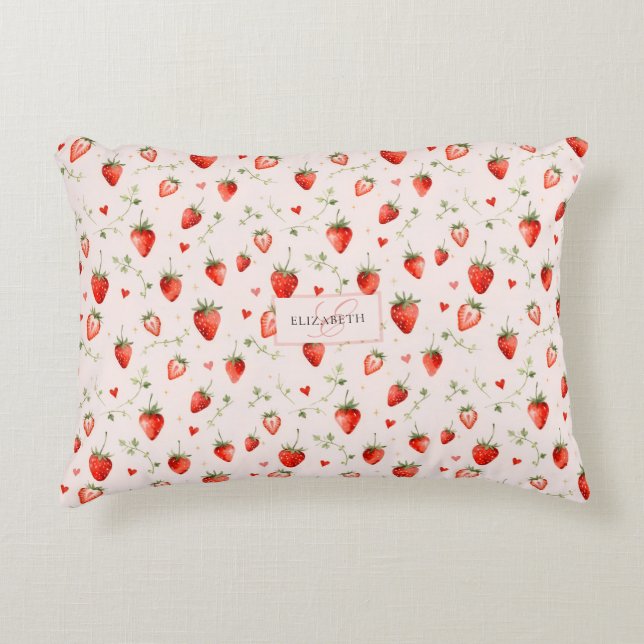 Berry Sweet Botanical Pink Hearts Monogram Decorative Cushion (Front)