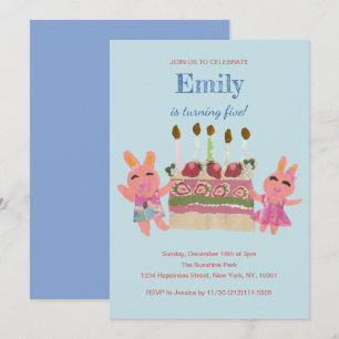 Berry Sweet Bunny Buddies Blue Birthday Invitation
