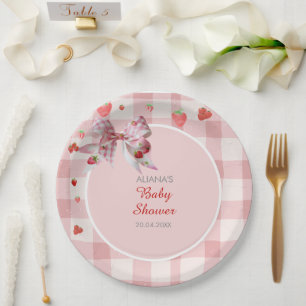 Berry Sweet Chequered Pink Coquette Baby Shower  Paper Plate