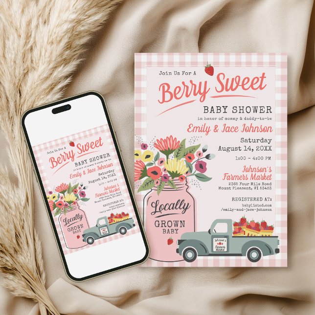 Berry Sweet Digital Farmers Market Baby Shower Invitation (Cute modern hand drawn custom farmers market berry sweet gingham baby girl shower digital invitation)