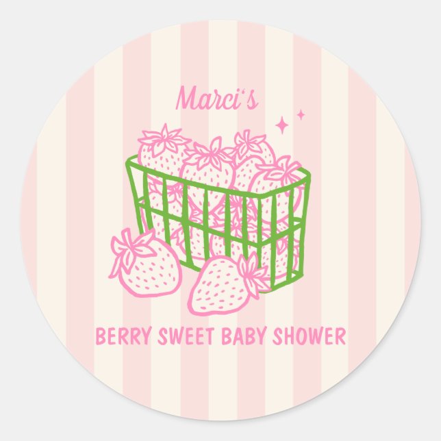 Berry Sweet Doodle Pink Green Girl Baby Shower Classic Round Sticker (Front)