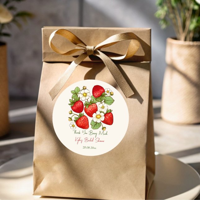 Berry sweet fruit strawberry bridal shower favour classic round sticker (Berry sweet fruit summer strawberry bridal shower thank you favor stickers strawberry stickers)