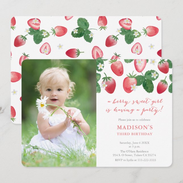 Berry Sweet Girl Strawberries Birthday Party Photo Invitation (Front/Back)