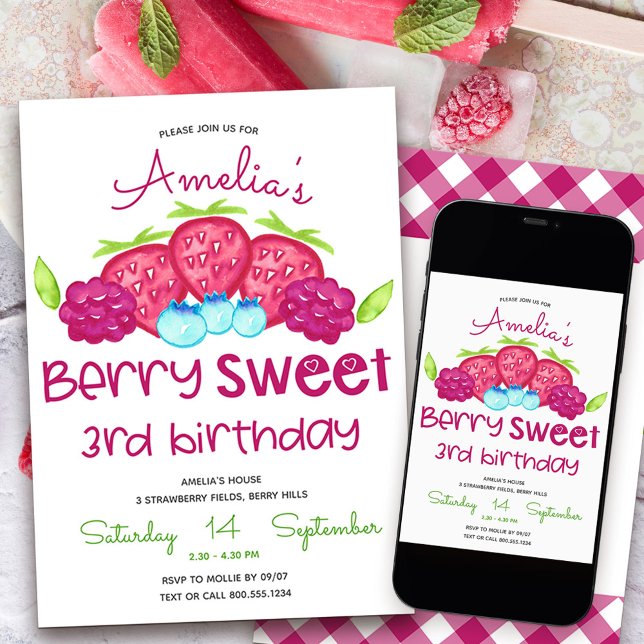 Berry Sweet Girl's 3rd Birthday Invitation (Berry Sweet 3rd Birthday Invitation)
