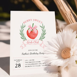Berry Sweet Girls Club Strawberry Bow Birthday Invitation