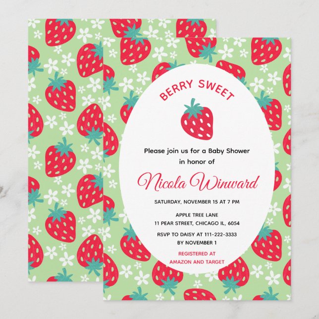 Berry Sweet Green Strawberry Baby Shower Invitation (Front/Back)