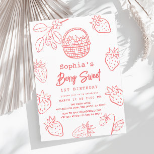 Berry Sweet Hand-drawn Starawberry 1st Birthday Invitation