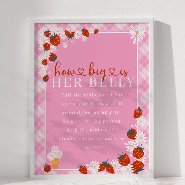 Berry Sweet How Big is Her Belly Baby Shower Game Poster (Someone Berry Sweet Way Summer Daisy Flower & Strawberry Pink Plaid How Big is Her Belly Baby Shower)