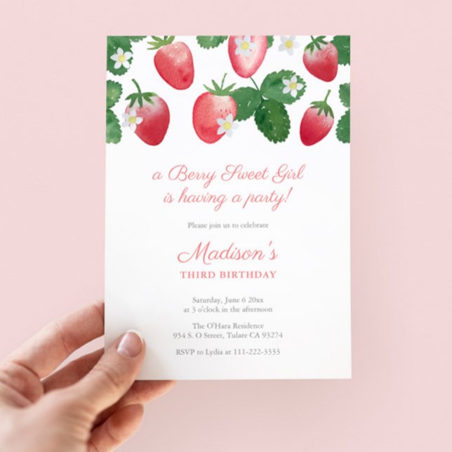 Berry Sweet Little Girl Strawberry Birthday Party Invitation (A Berry Sweet Girl Is Having A Party Watercolor Strawberries birthday invitation with buffalo check )
