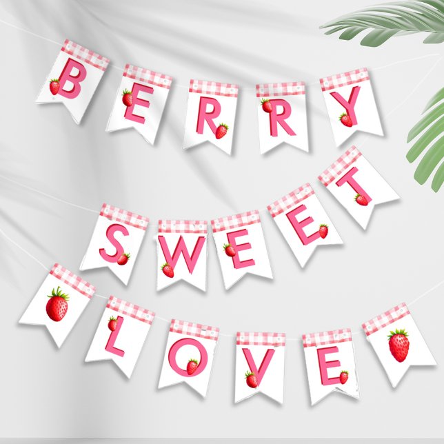 Berry Sweet Love Strawberry Gingham Pink Red Bach Bunting (Berry Sweet Love Strawberry Gingham Country Chic flags bunting bachelorette hen party bride pink red)