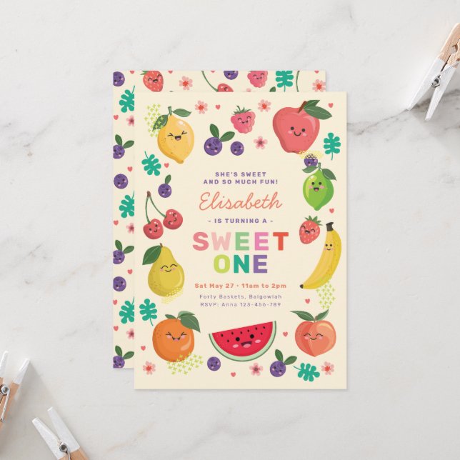 Berry Sweet One Birthday invite Rainbow Cute Fruit (Front/Back In Situ)