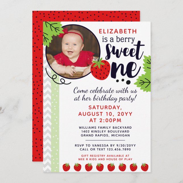 Berry Sweet ONE Strawberry Baby First Birthday Inv Invitation (Front/Back)