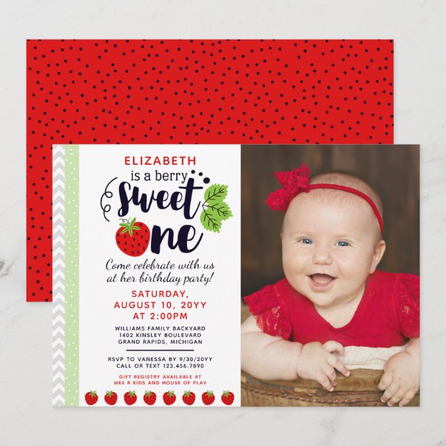 Berry Sweet ONE Strawberry Baby First Birthday Invitation (Front/Back)