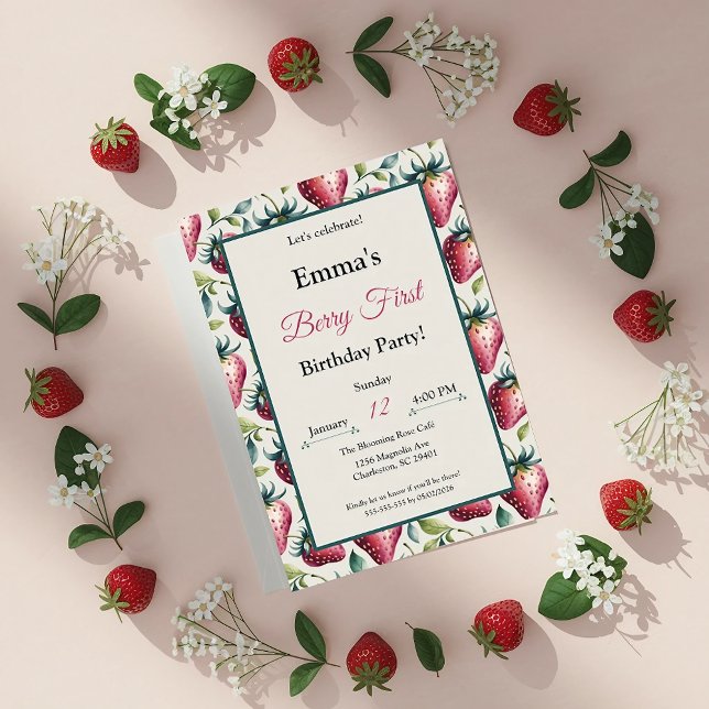 Berry Sweet Pastel Strawberry Green Frame Birthday Invitation (Creator Uploaded)