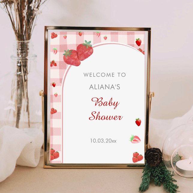 Berry Sweet Pink Checekered Pattern Baby Shower  Poster (Creator Uploaded)