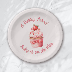 Berry Sweet Pink Cupcake Hearts Baby Shower Paper Plate