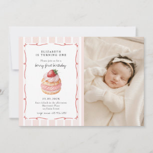 Berry Sweet Pink Photo First Birthday Invitation