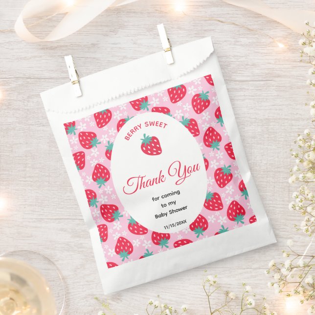 Berry Sweet Pink Strawberry Baby Shower Favour Bag (Clipped)