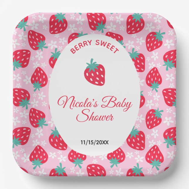Berry Sweet Pink Strawberry Baby Shower Paper Plate (Front)