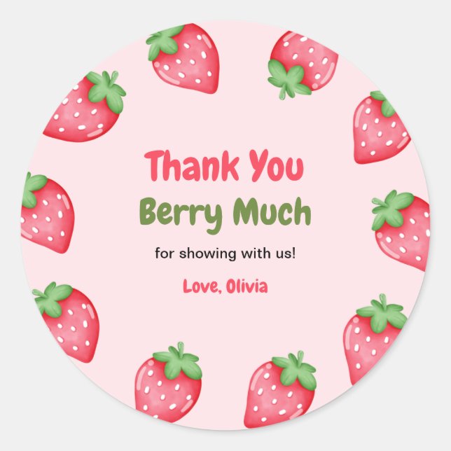 Berry Sweet Pink Strawberry Baby Shower Thank You Classic Round Sticker (Front)