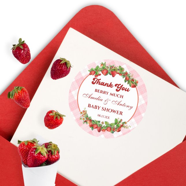 Berry Sweet Pink Strawberry Baby Shower Thank You Classic Round Sticker (Creator Uploaded)